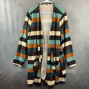 Striped Open Front Cardigan Midlength Stretchy with Belt Women's Medium Boho